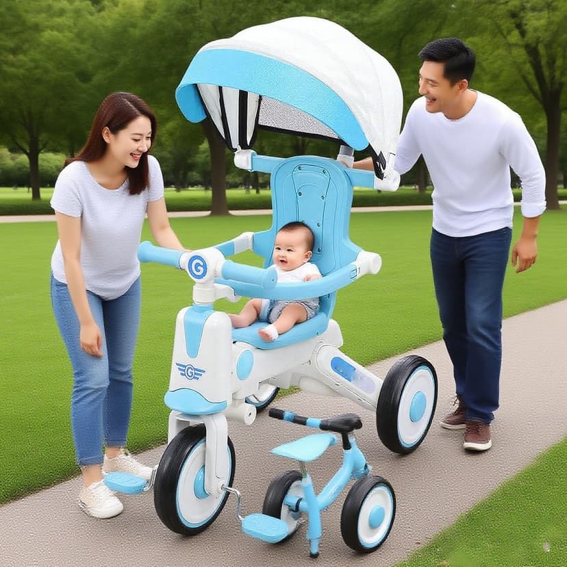 Tricycle bébé, trike pour enfants multifonctionnels avec poignée parent réglable, lumière musicale, verrière pliant, roues EVA silencieuses, Cadeau de vélo de poussette pour
