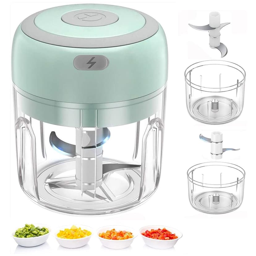 USB Rechargeable 250ml Mini Electric Food Processor - 304 Stainless Steel Blades, 1200mAh Battery, 30W Power, Food-Grade ABS/PP/PC, Waterproof, Easy Clean, Compact for Garlic, Kitchen, Camping (Green)