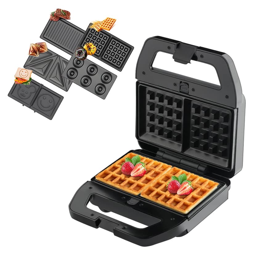TFixol 5-in-1 Breakfast Maker with Donut, Waffle, Grill, Sandwich, and Smile Face Plates, 800W, 120V, Includes User Manual