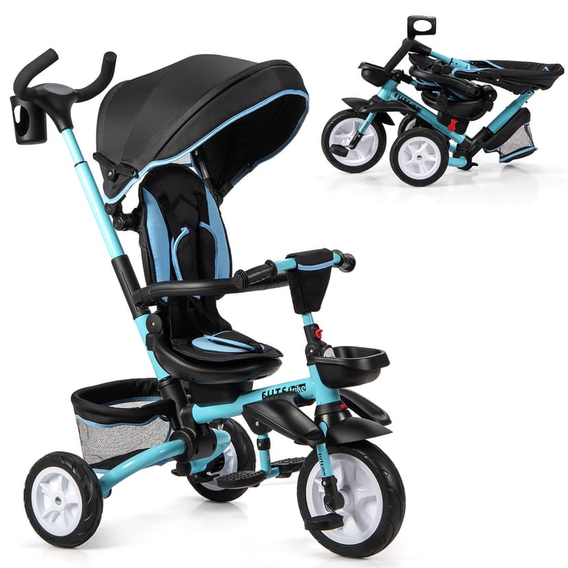 Costway 6-In-1 Kids Baby Stroller Tricycle Detachable Learning Toy Bike w/ Canopy Blue