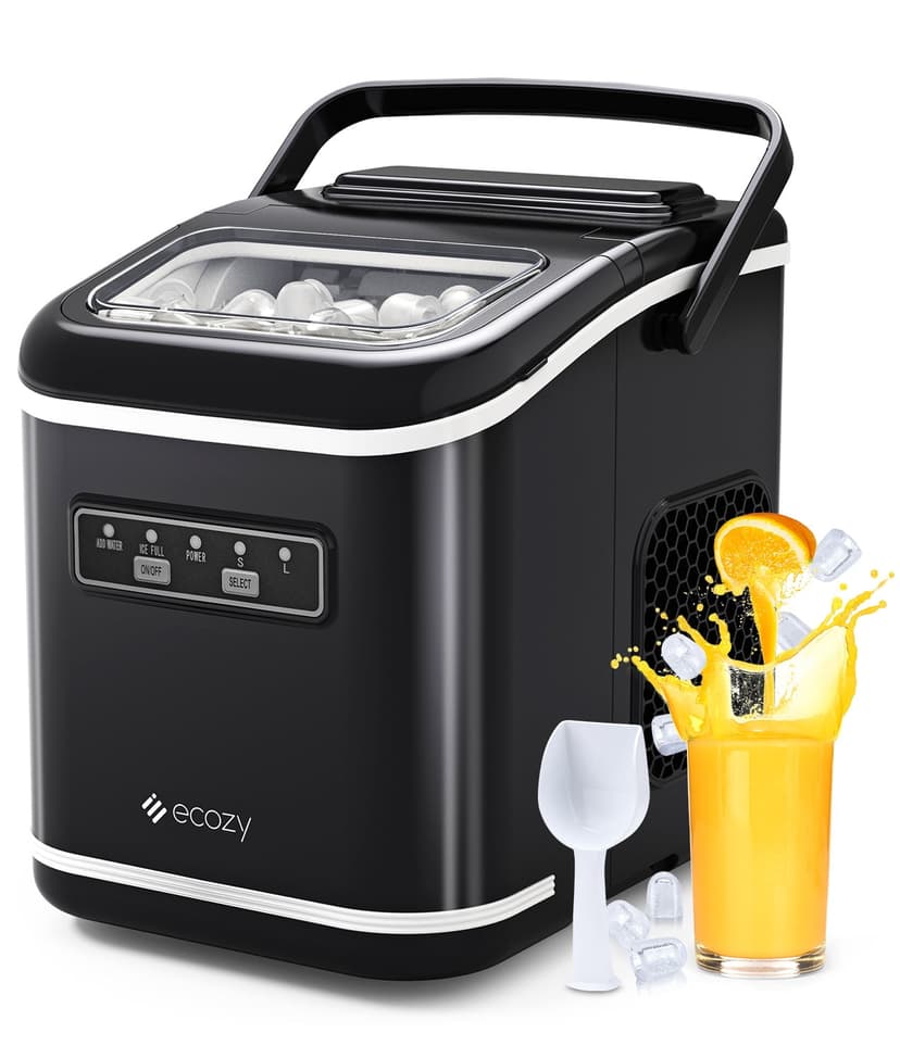 Ecozy Countertop Ice Maker, 9 Bullet Ice Cubes in 6 Mins, 26lbs/24Hrs. Black