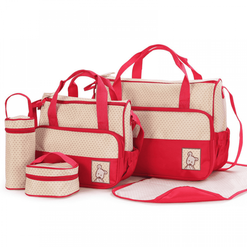 Five-piece mummy bag diaper bag, multifunctional travel waterproof mummy bag ,Maternity Bags with Large Capacity and Multiple Pockets.(Red)