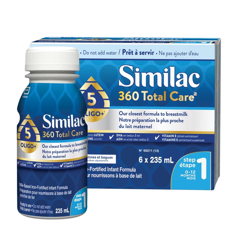 Similac 360 Total Care Step 1, Baby formula, Infant Formula, blend of 5 oligosaccharides, 0-12 months, 6x235mL Ready to Feed Bottles