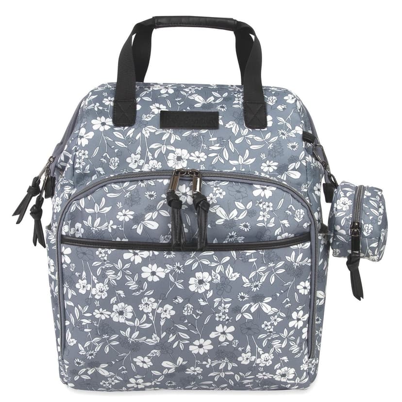 Baby Essentials Super Cooler Main Frame Dual Zipper Closure Diaper Bag Backpack Tote with Matching Changing Pad, Insulated Bottle Pockets, Stroller Straps and Pacifier Pouch in Grey Floral