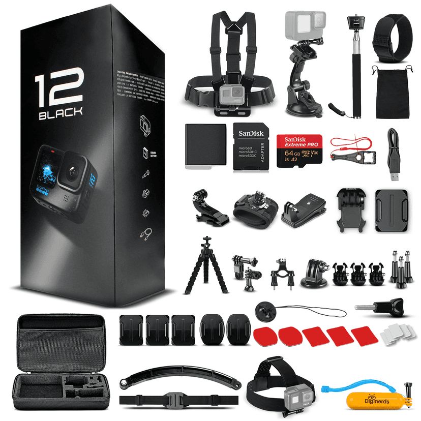 GoPro HERO12 Black Underwater Action Camera with Hyper Smooth 5.3K60 Ultra HD Video Bundle with 64GB Card & 50-Piece Kit