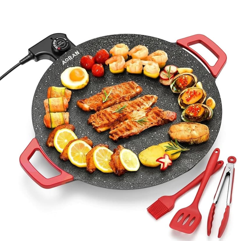 Indoor Electric Grill Nonstick Griddle Korean Maifan Stone Coating 14 Inch Round Cooking Surface with Spatula Tongs for Steak Pancake BBQ
