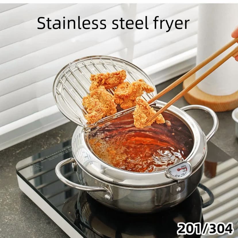 Compact 304 Stainless Steel Gas Fryer with Adjustable Temperature Control – Energy-Efficient Mini Deep Fryer for Home Use, Multi-Functional as Soup Pot, Space-Saving Design, 20cm Capacity, Durable