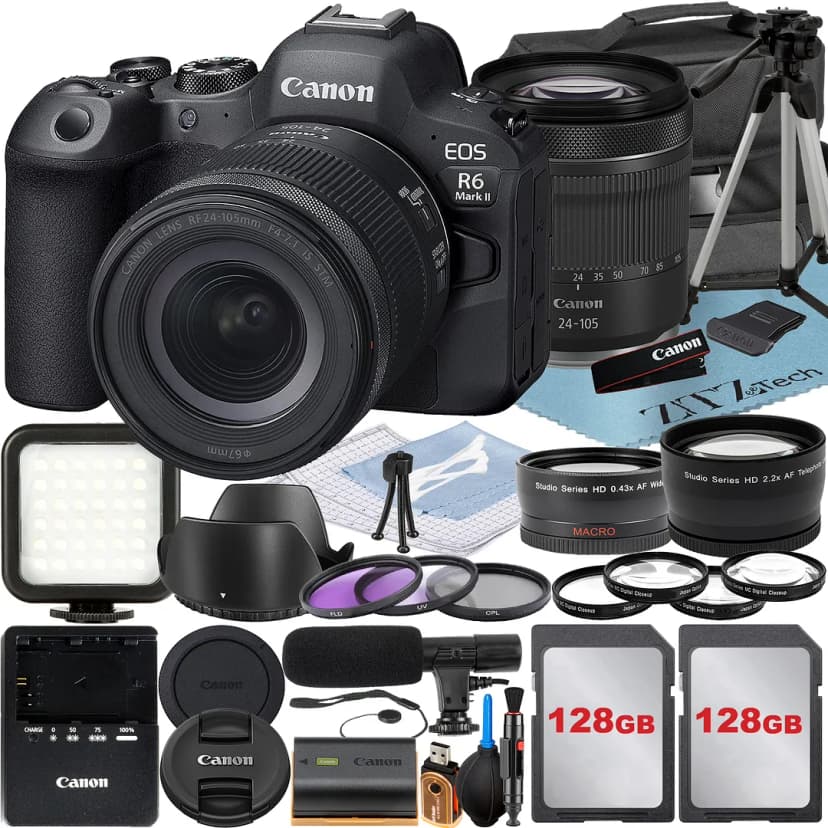 Canon EOS R6 Mark II Mirrorless Camera with RF 24-105mm Lens + 2 Pack 128GB Memory Card + LED Flash + Case + ZeeTech Accessory