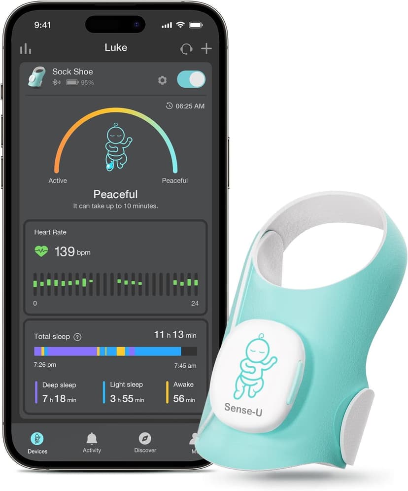 Sense-U Smart Sock Shoe Baby Monitor with On-Device Sleep Indicator & Notifications, Sleep Patterns, Naps for Peace of Mind