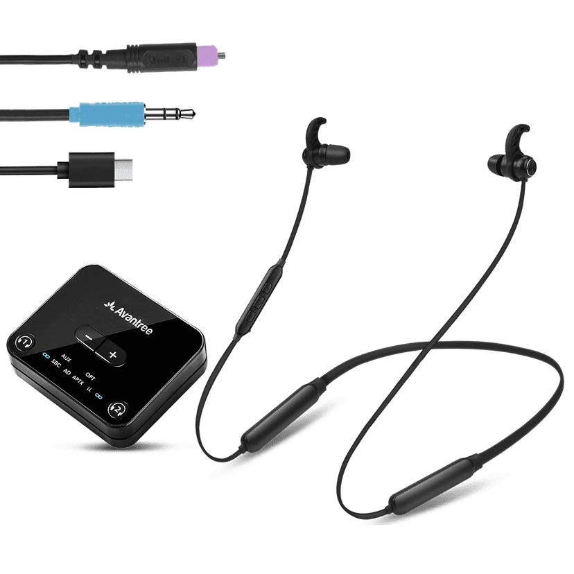 Avantree HT4186-Q - Wireless Earbuds for TV with aptX Adaptive, Bluetooth Neckband Headphones & Transmitter for Optical Digital or 3.5mm AUX Audio