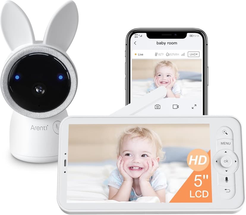 ARENTI 2K Ultra HD WiFi Nanny Cam, 5" Baby Monitor Screen, Night Vision, Lullabies, Tire Detection, Motion Detection, Temperature and Humidity Sensor, Two-Way Talk