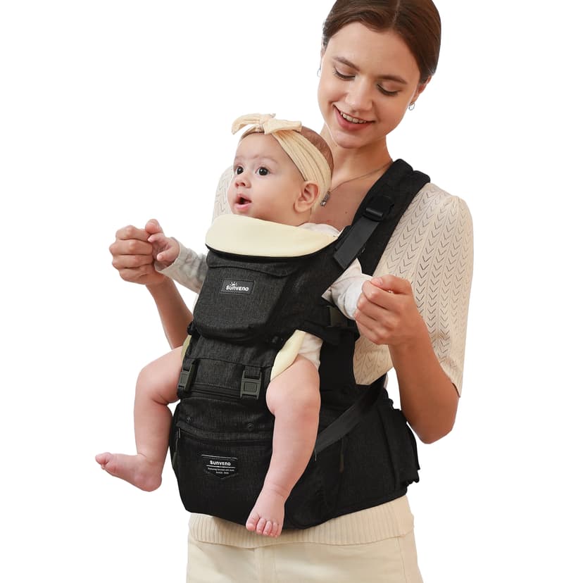 Sunveno 6-in-1 Ergonomic Baby Carrier with Hip Seat for Newborn and Toddlers, Black, One Size