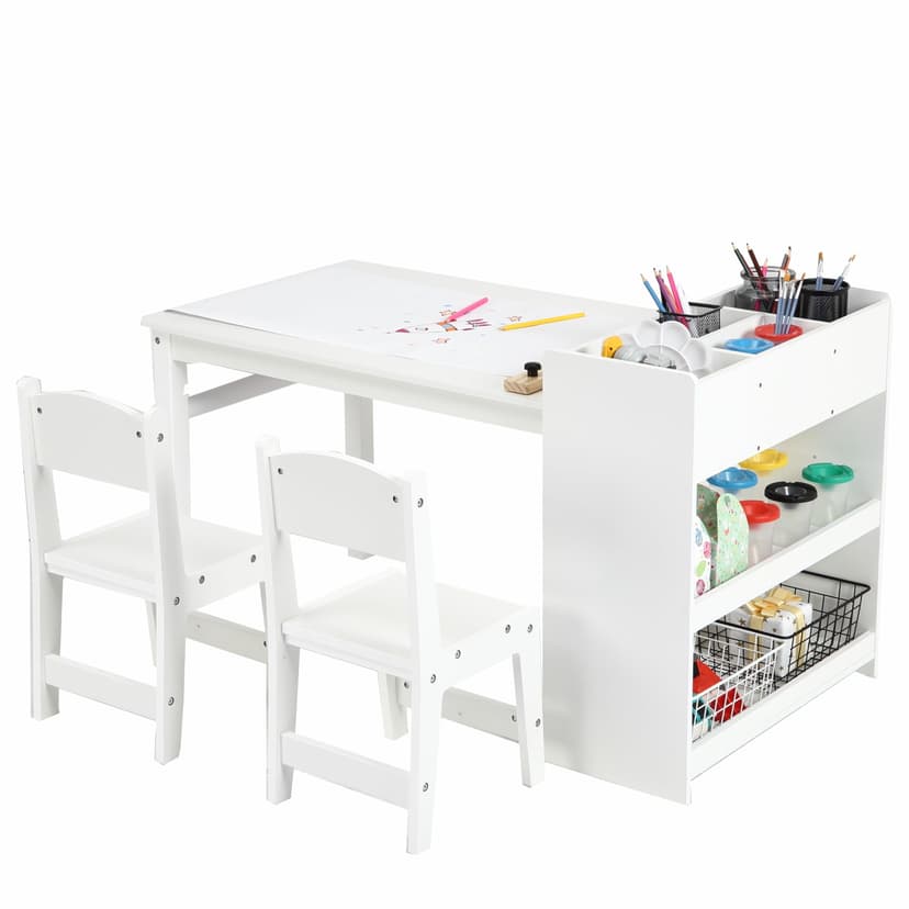 Kids Art Table and 2 Chairs, Toddler Craft Drawing Desk with Large Open Shelves and Top Compartment, Kids Activity and Study Table Furniture for Daycare, Game Room White