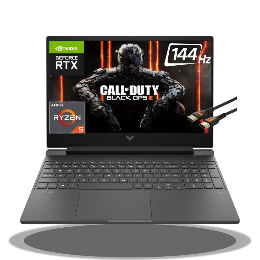 HP Victus 15 Gaming Laptop 15.6" FHD IPS 144Hz AMD 7000 Ryzen 5 7535HS (Beats i7-11800H) GeForce RTX 2050 4GB Graphic Backlit USB-C B&O Win11 Black + HDMI Cable (16GB RAM | 1TB SSD)