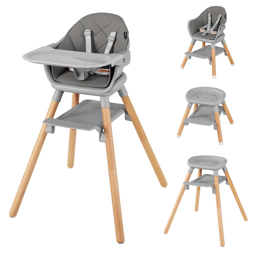 Babyjoy 6-in-1 Convertible Wooden Baby Highchair Infant Feeding Chair with Removable Tray Grey