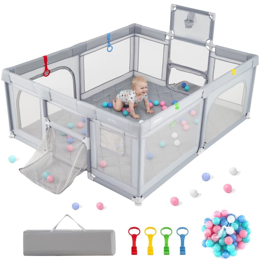 INFANS 74" x 62" Baby Playpen with Soft Mat, Basketball Hoop, 2 Soccer Goals, 4 Handles & 50 Ocean Balls, Breathable Mesh, Indoor & Outdoor Large Play Yard for Toddlers