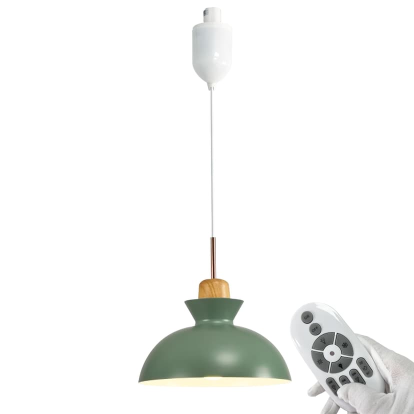 FSLiving Adjustable Height H Type Track Lighting Macaron Wooden Rose Gold Handle Green Metal Lamp 4 Ft with Smart LED Bulbs, Remote Control Track Mount Pendants Timer Decorate for Dinning Table