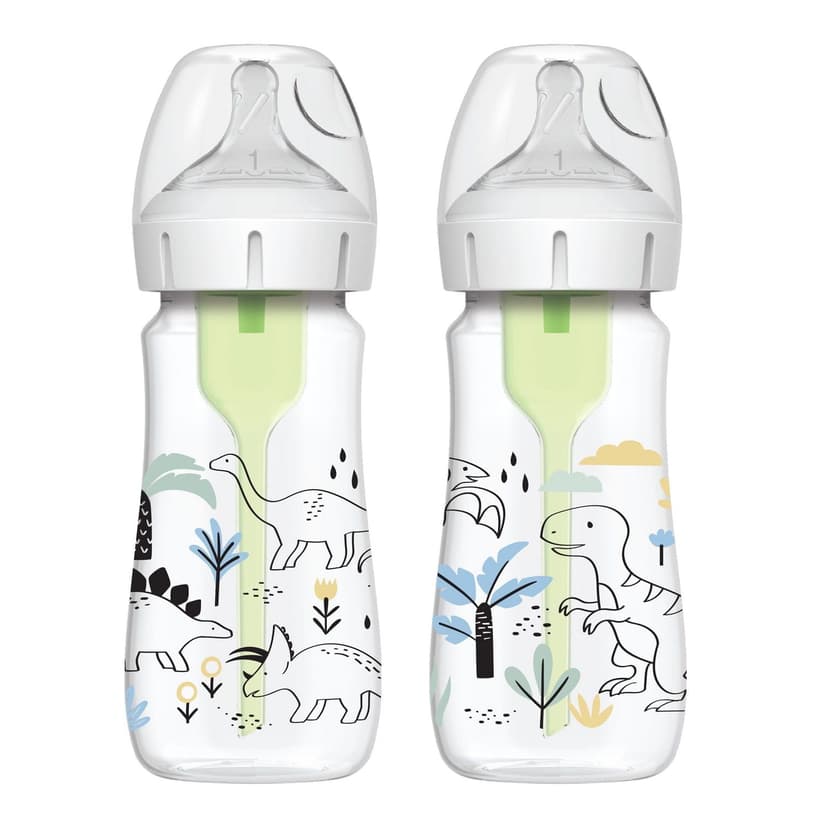 Dr. Brown's Natural Flow Anti-Colic Options+ Wide-Neck Baby Bottle Designer Edition Bottles, Dino Decos, 2x9oz Bottles, Level 1 Nipple