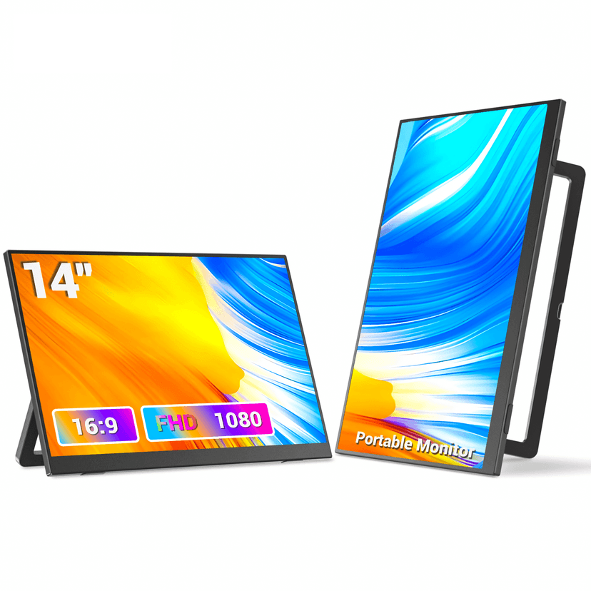 14 Inch Ultra-Slim IPS Portable Monitor | FHD 1920×1080P, Built-in Kickstand & Speakers | USB-C/HDMI Travel Monitor for Laptop, PC, Phone & Mac