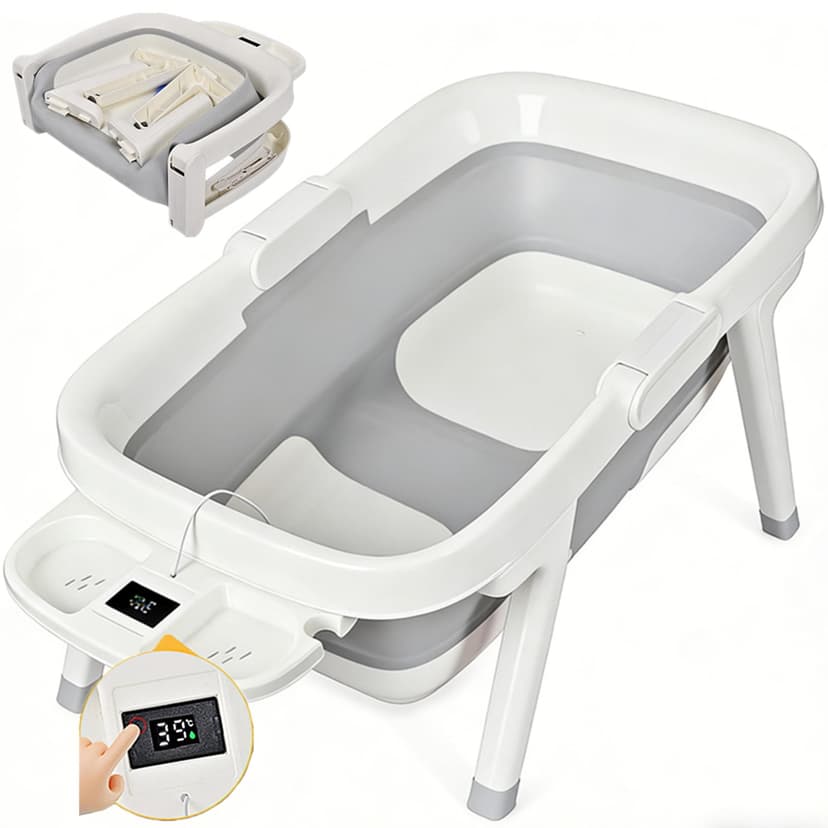 Foldable Baby Bath Tubs, Large Size 70x40x21.5cm Baby Bathtub for Ages up to 36 Months, Portable Travel Baby Tubs withTemperature Sensor and Drain Hole, Grey