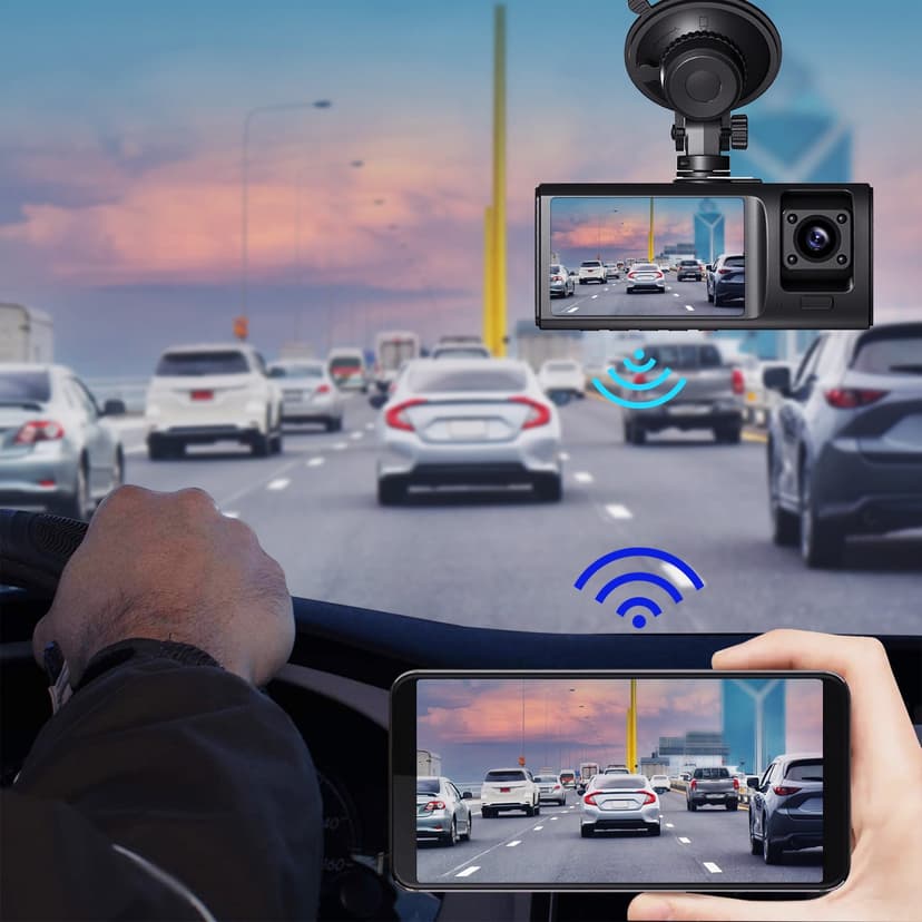 Wzzjkit Dash Cam with WiFi 1080P FHD Car Driving Recorder Three Lens Dashboard Car Cameras Night Vision/G Sensor/Parking Monitor/Loop Recording/Reverse Images