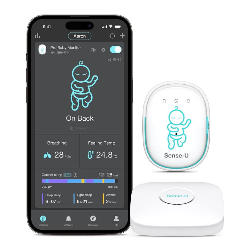 Sense-U Pro Baby Breathing Monitor, Real-time Alerts for No Breathing, Rollover, Overheating from Anywhere, Arousal Vibration, Audible & App Alerts, Easy Clip-On Design, Portable, Wearable