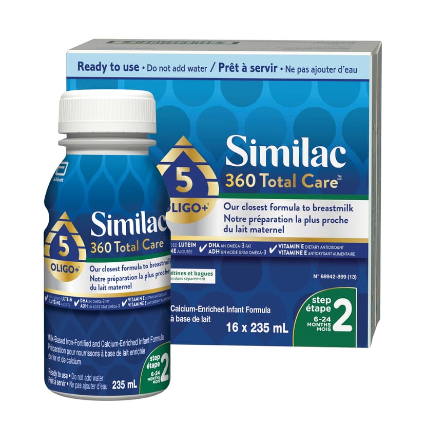 Similac 360 Total Care Step 2, Baby Formula, Infant Formula, blend of 5 oligosaccharides, 6-24 months 16x235mL Ready to Feed Bottles
