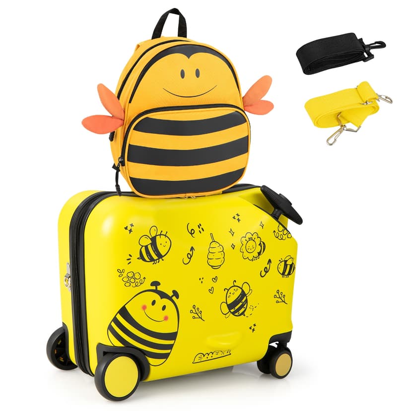 Costway 2PC Kids Ride-on Luggage Set 18" Carry-on Suitcase & 12" Backpack Anti-Loss Rope