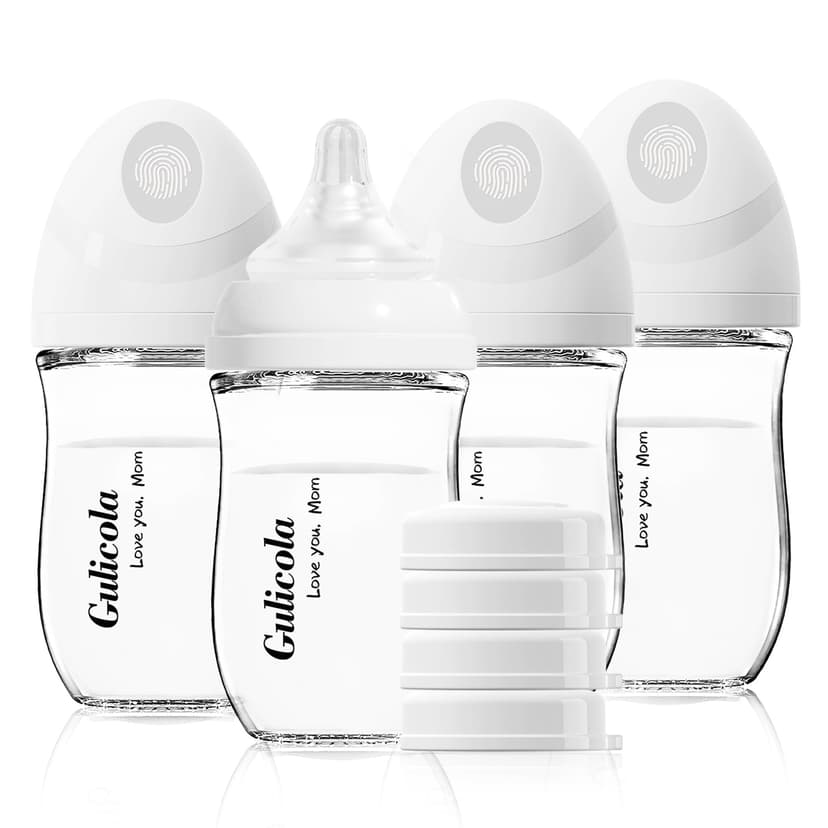 Gulicola Natural Glass Baby Bottle 4 Pack, Newborn Breastfeeding Bottles Set, Extra Slow Flow Nipples (SS), Anti Colic, 0 Months+, 5 oz