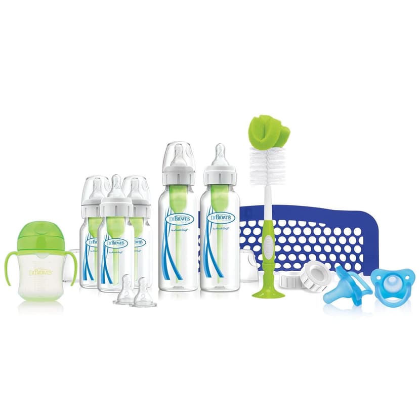 Dr. Brown's Natural Flow Anti-Colic Options+ First Year Feeding Set with Newborn Baby Bottles, Soft Spout Transition Cup, Bottle Cleaning Brush and 100% Silicone HappyPaci One-Piece Pacifiers