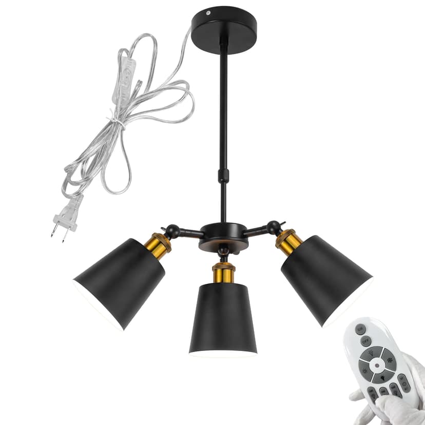 FSLiving 3-Heads Farmhouse Candle Lamp Adjustable Height Telescoping Rod 15ft Plug-in Cord by Remote, Smart Edison Bulbs Black Island Light for Sloping Roof Dining Staircase NO Wiring Needed