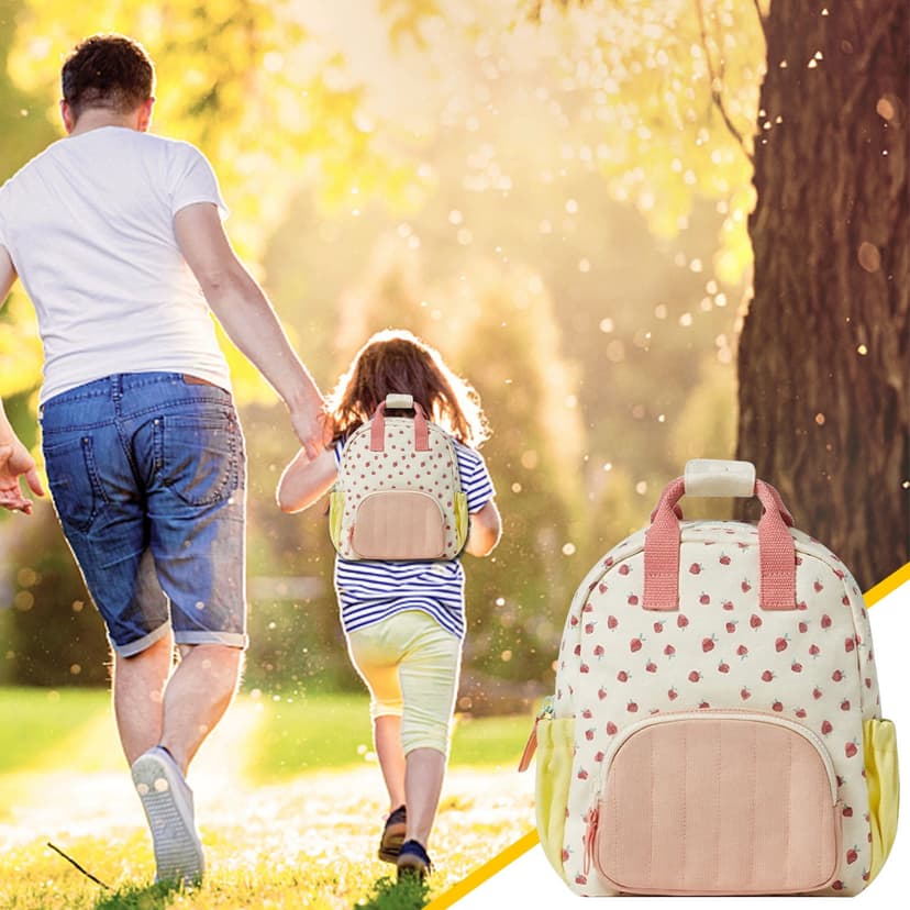 Kids Strawberry Print Backpack Canvas School Bag for Toddlers & Preschoolers Small Size 10.62x9.84 Inch Cute Diaper Bag for Travel & Outdoor