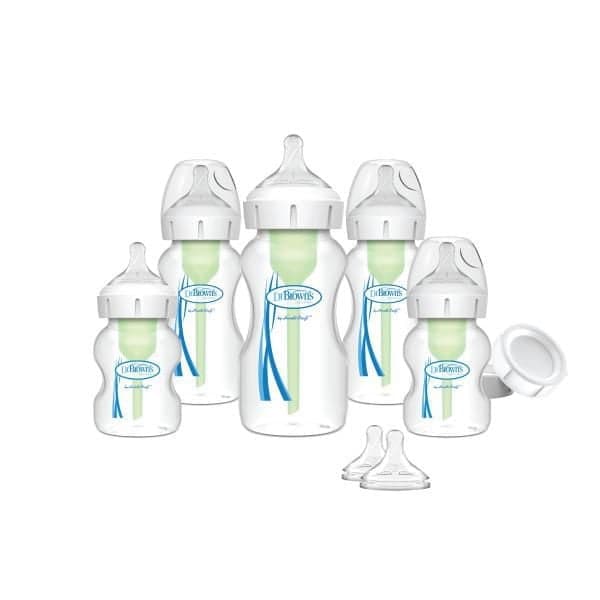 Dr. Brown's Anti-Colic Options+ Wide-Neck Baby Bottle Newborn Feeding Set with Baby Bottle Travel Caps