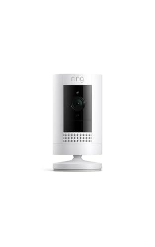 Ring Stick Up Cam Plug-In – HD security camera with two-way talk, Works with Alexa – White