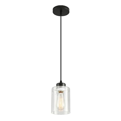 Modern Black Farmhouse Pendant Light with Glass Shade, Industrial Pendant Lighting, Adjustable Hanging Light Fixture for Kitchen Island Dining Room, E26 Base, Bulb Not Included