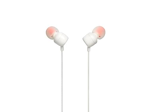 JBL Tune 110E - Wired in-Ear Headphones Pure Bass Sound, 1-Button Remote, Microphone and Tangle-Free Flat Cable (White)