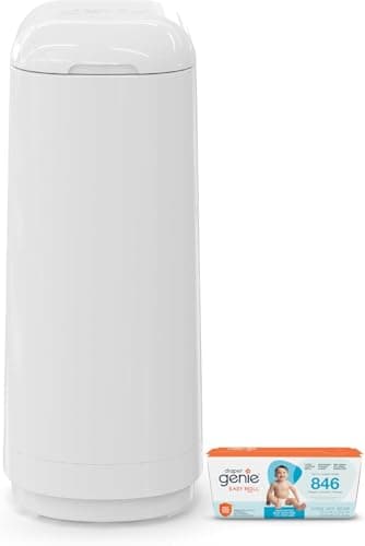 Diaper Genie Essence Pail, White with 18 Easy Roll Refill Bags