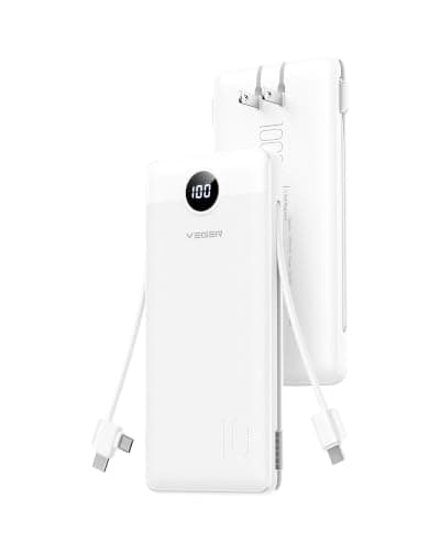 VEGER Portable Charger, 10000mAh Power Bank with Built-in Cables&Wall Plug