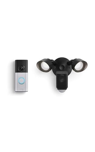 Ring Wired Doorbell Plus (Newest Model), Nickel Silver with Floodlight Cam Plus, Black