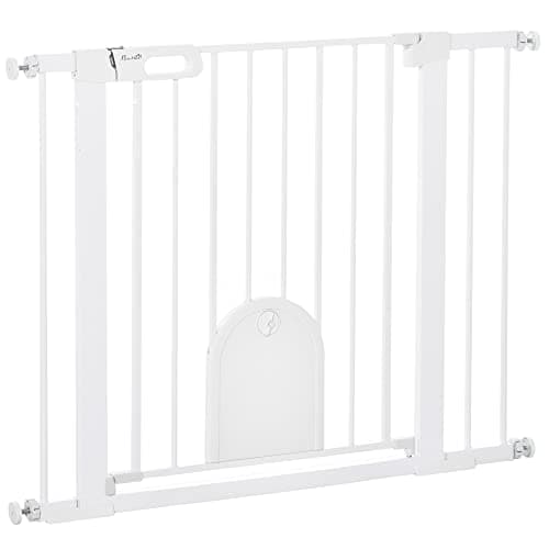 PawHut 30"-41" Extra Wide Pet Gate with Small Cat Door 30" H Dog Gate White