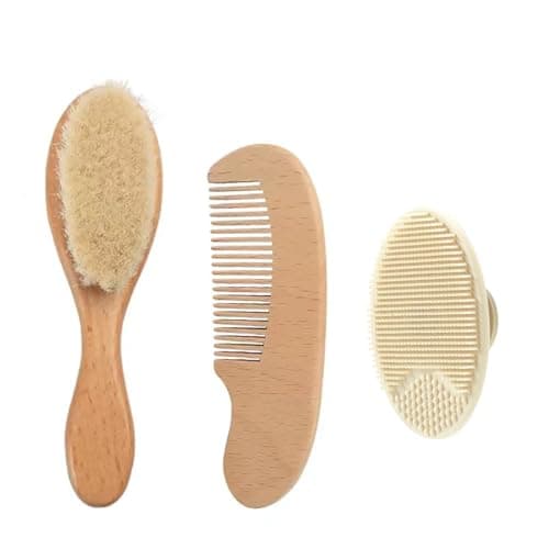 PandaEar 3 Pack Baby Brush and Comb Set Newborn, Soft Newborn Hair Brush Set with Goat Bristles, Wooden Baby Comb and Brush Set for Boys and Girls, Silicone Cradle Cap Brush for Babies