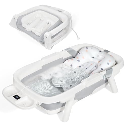 Orzbow Collapsible Baby Bathtub, Large Baby Bath Tub for Newborn with Soft Cushion & Thermometer, Travel Portable Baby Tubs for Infants to Toddler 0-36 Months, 71x43 cm, Gray