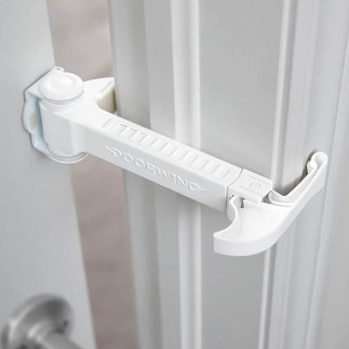 DOORWING Portable Door Lock. No Adhesive. No Door Damage. Adjustable Door Latch for Baby Proofing. Easy Alternative to Baby Gate, Dog Gate & Cat Door. Let Cats In. Keep Kids/Dogs Out of Cat Litter Box