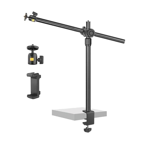 Camera Desk Mount Webcam Stand with Overhead Articulating Magic Boom Arm 1/4" Ball Head for DSLR Tripod, Adjustable Light Stand, Tabletop C Clamp for Ring Light Photo Video Shooting Live Streaming