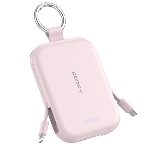 RORRY CharmGo Portable Charger, 5000mAh Portable Charger Power Bank with Built-in Cables, Travel Keychain Charger Battery Pack for iPhone 16/15/14, for AirPods 2/3/4/Pro, Pink