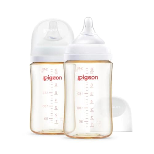 Pigeon PPSU Nursing Baby Bottle Wide Neck, Streamlined Body, Natural Feel, Easy to Clean, 8.1 Oz(Pack of 2), Includes 2pcs M Nipples (3m+)