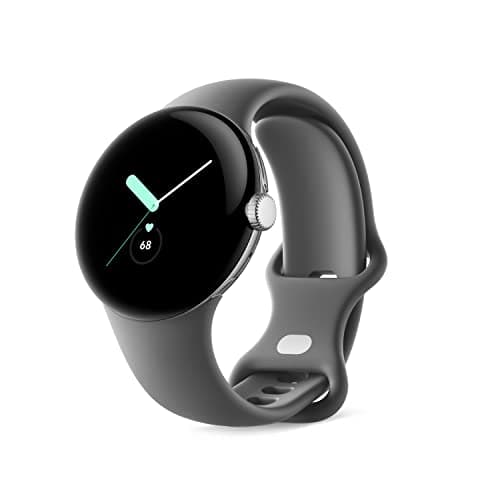 Google Pixel Watch, Polished Silver Stainless Steel Case, Active Band in Charcoal, LTE, 41mm
