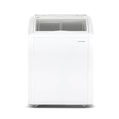 Frigidaire Commercial Chest Freezer for Ice Cream and Frozen Foods, Store Displayer, Glass Top Storage Case, 4 Cu. Ft. Bin, Rolling Caster Wheels, Adjustable Temperature, Energy Efficient Cooling
