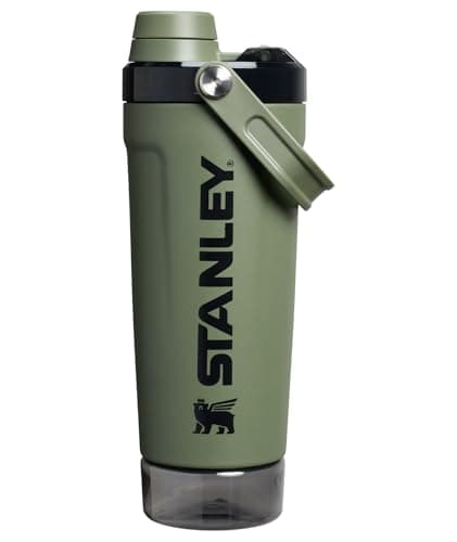 STANLEY Vitalize Shaker Bottle 20 oz | Leakproof Insulated Stainless Steel Shaker Cup | Base Storage and Twist On Fast Flow Lid | Protein Shakes and Pre Workout Powder | BPA-Free | Dried Pine