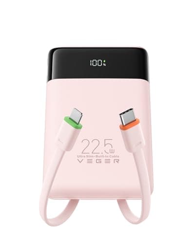 VEGER Portable Charger, Ultra-Slim Power Bank 22.5W Fast Charging with Built-in Cables, Small Travel Essentials Powerbank, 10000mAh USB C Battery Pack for iPhone 17 16, Samsung S25 S24, Google (Pink)